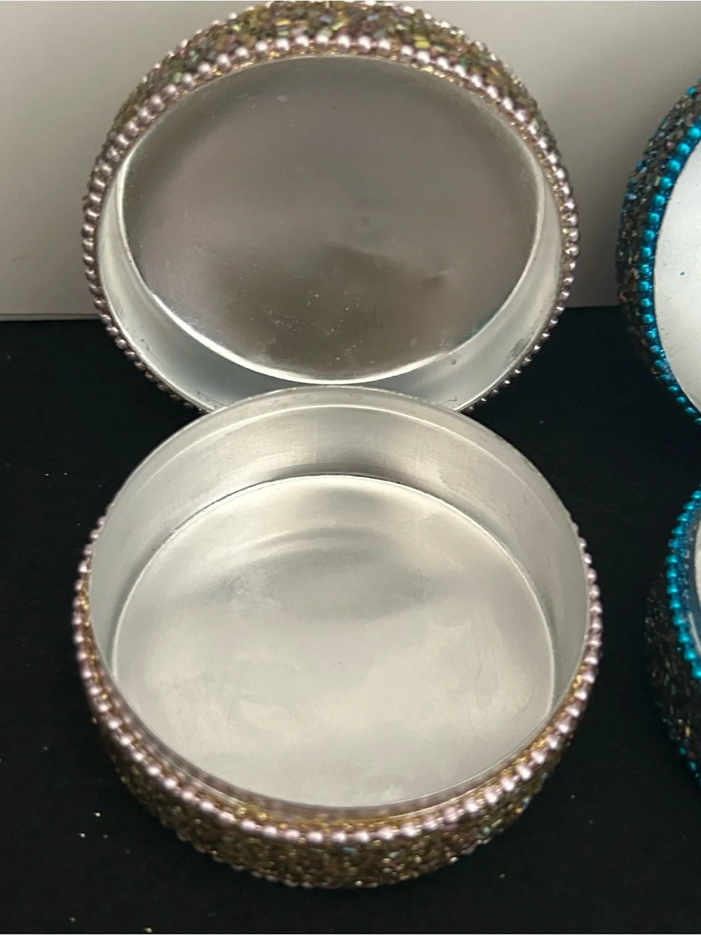 Pier 1 Set of 3 Round Jeweled Aluminum Trinket Jewelry Storage Boxes